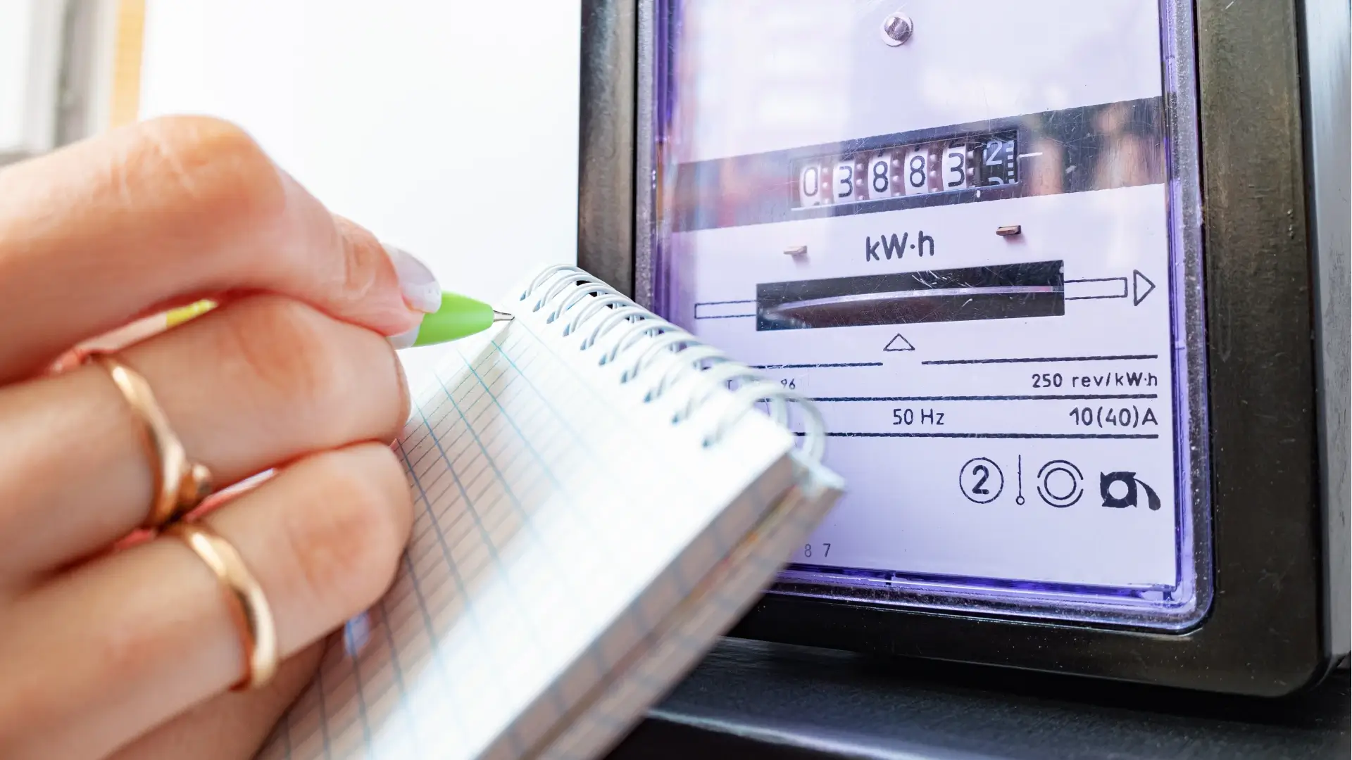 Close em mãos femininas anotando números no caderno. Um medido de luz mede os kWh no visor.