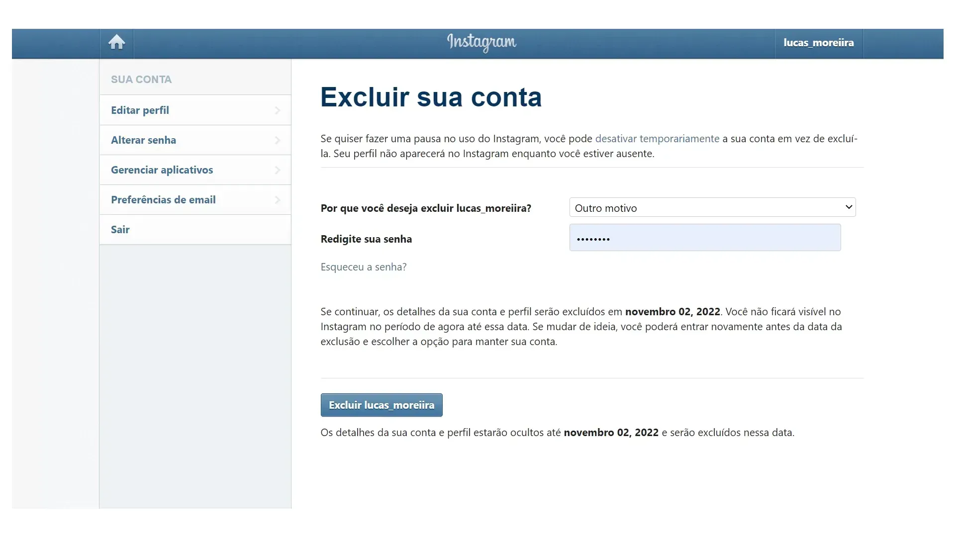 Página de exclusão da conta do Instagram no computador