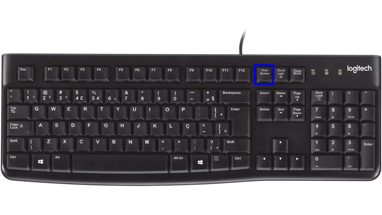 Imagem de um teclado da Logitech com a tecla Print Screen marcada em azul