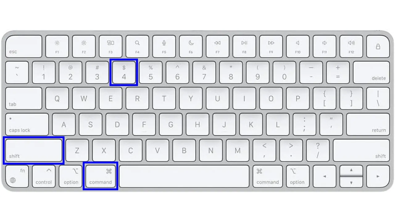 Imagem de um teclado da Apple com as teclas Shift, Command e 4 marcadas em azul