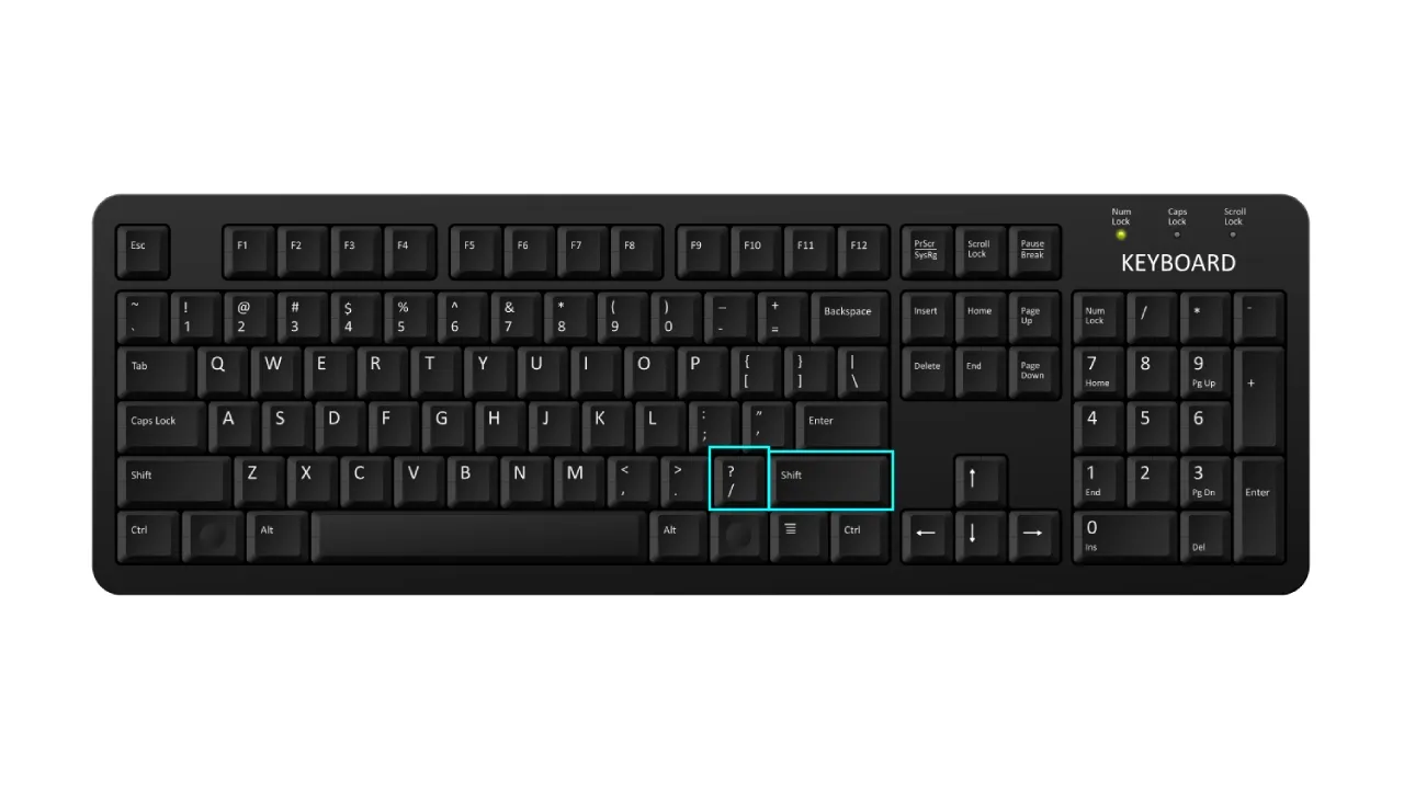 Imagem de teclado com configuração ABNT com os botões Shift e / marcados em azul claro