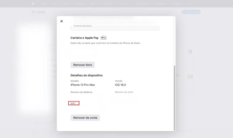 tela do iCloud apresentando informações sobre o aparelho