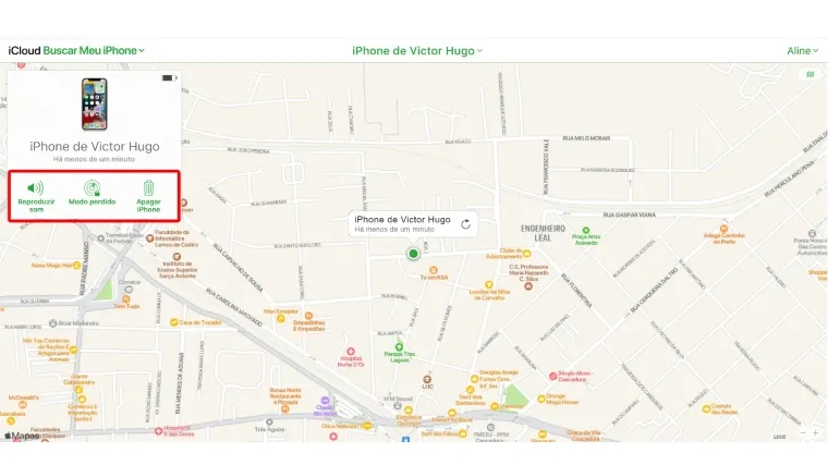 Mapa do iCloud com a localização do iPhone