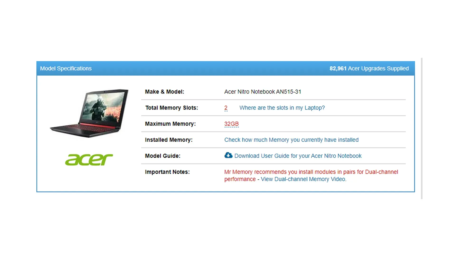 Especificações de um modelo de laptop Acer, com detalhes sobre a memória RAM.