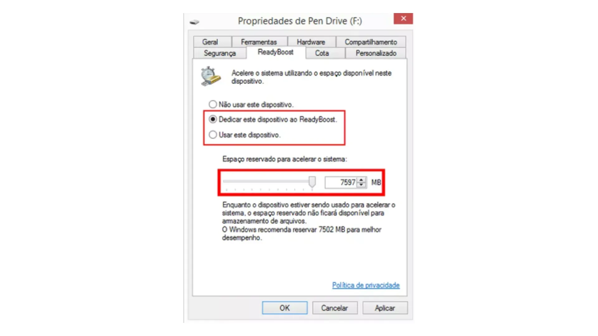 Janela do Windows mostrando as configurações de ReadyBoost em um pen drive.
