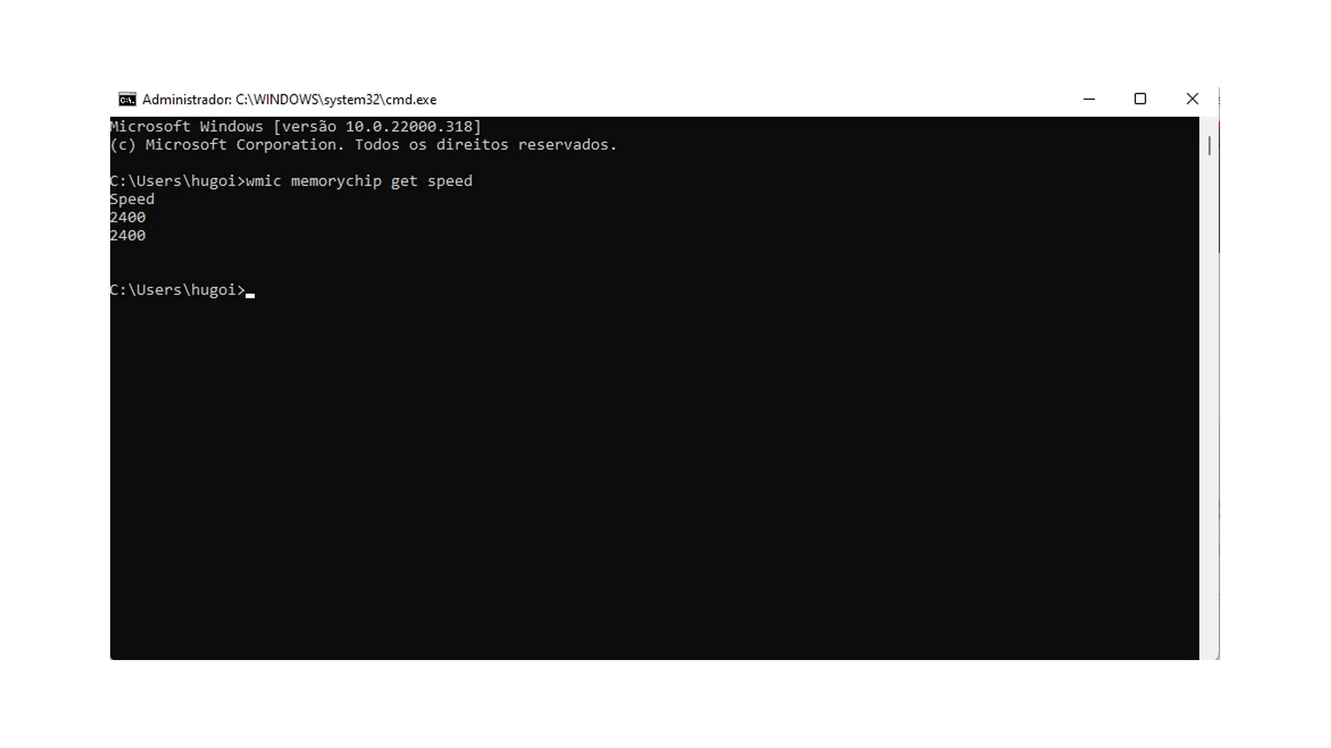 Tela do prompt de comando do Windows exibindo a velocidade da memória RAM.