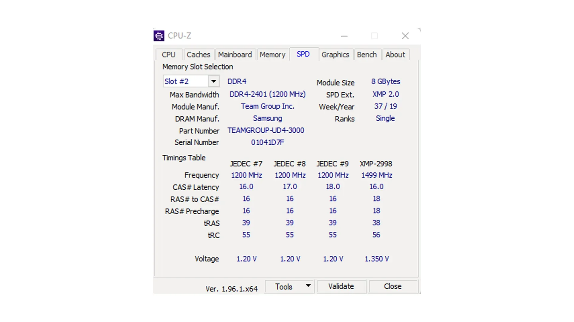 Interface do software CPU-Z mostrando detalhes sobre a memória RAM de um computador.