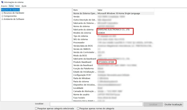 A imagem apresenta a aba Informações do Sistema, onde é possível descobrir qual o modelo do notebook em questão.