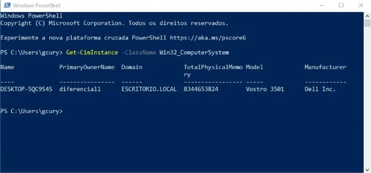 tela do windows powershell mostrando o modelo do notebook