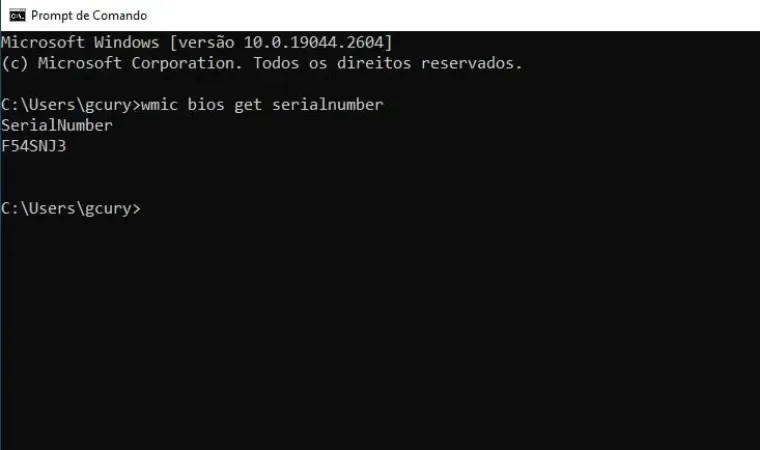 tela de prompt de comando do windows mostrando o número de série do notebook