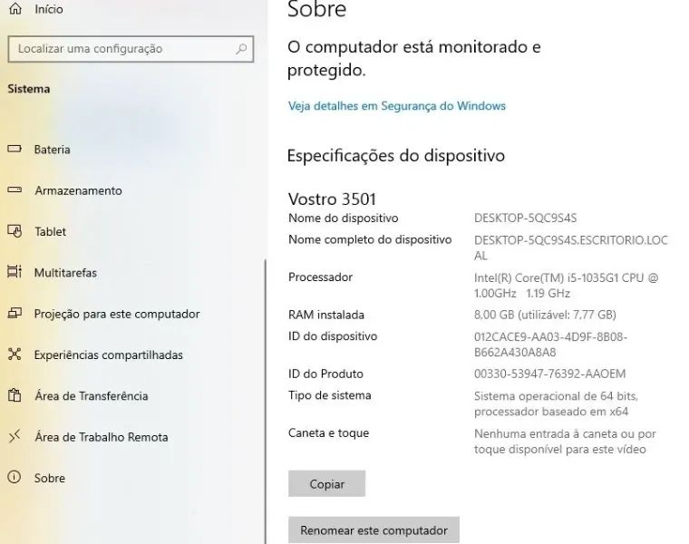 tela do sistema do windows