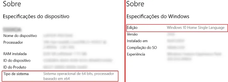 Tela de Configurações do Windows informando a versão do sistema operacional.