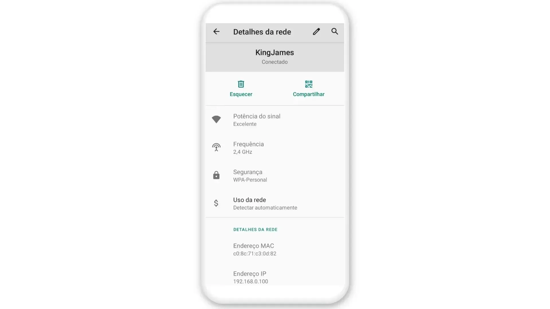Ilustração de celular exibindo as configurações de detalhes da rede na tela