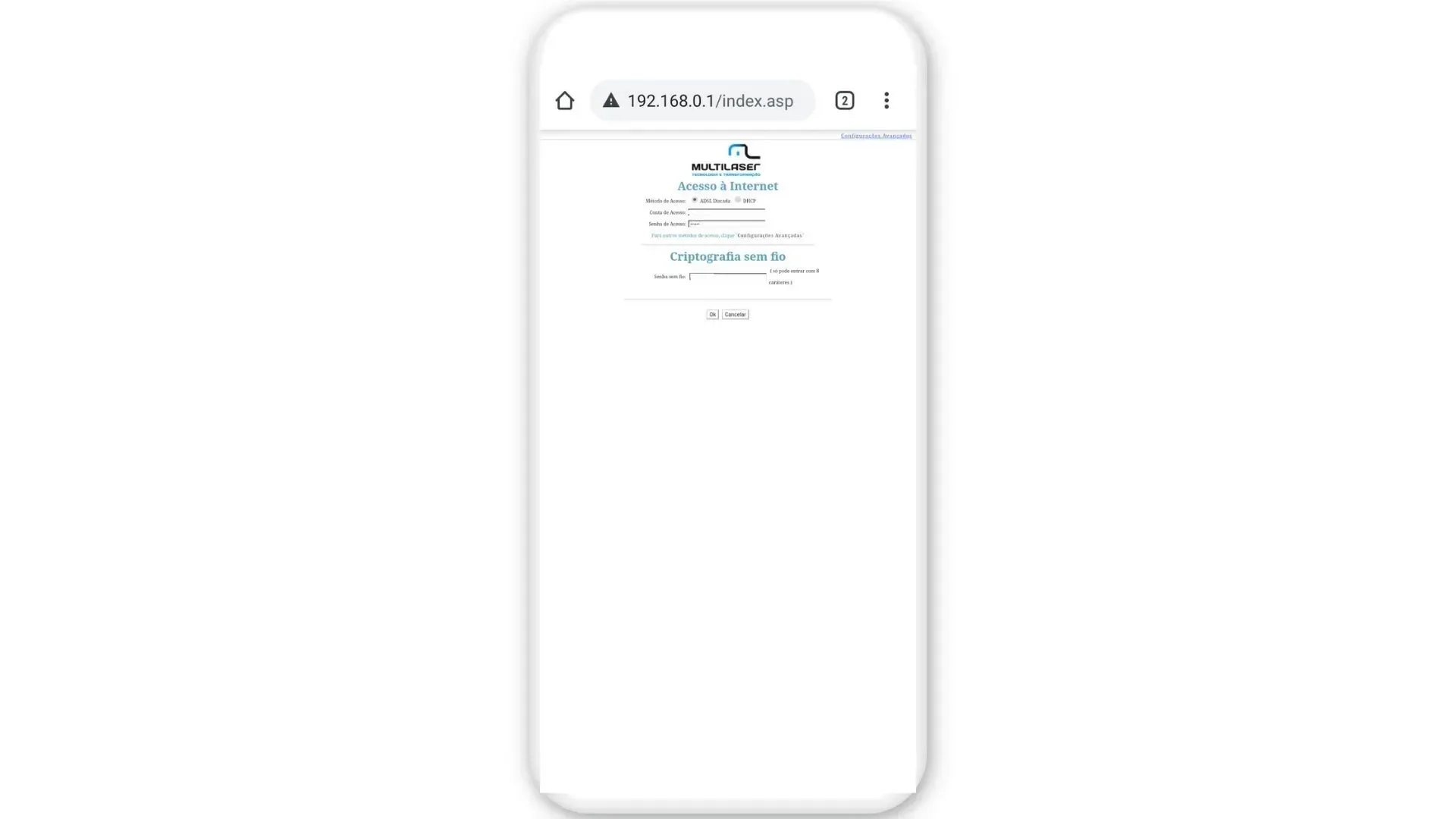 Ilustração de celular exibindo na tela as configurações de um roteador