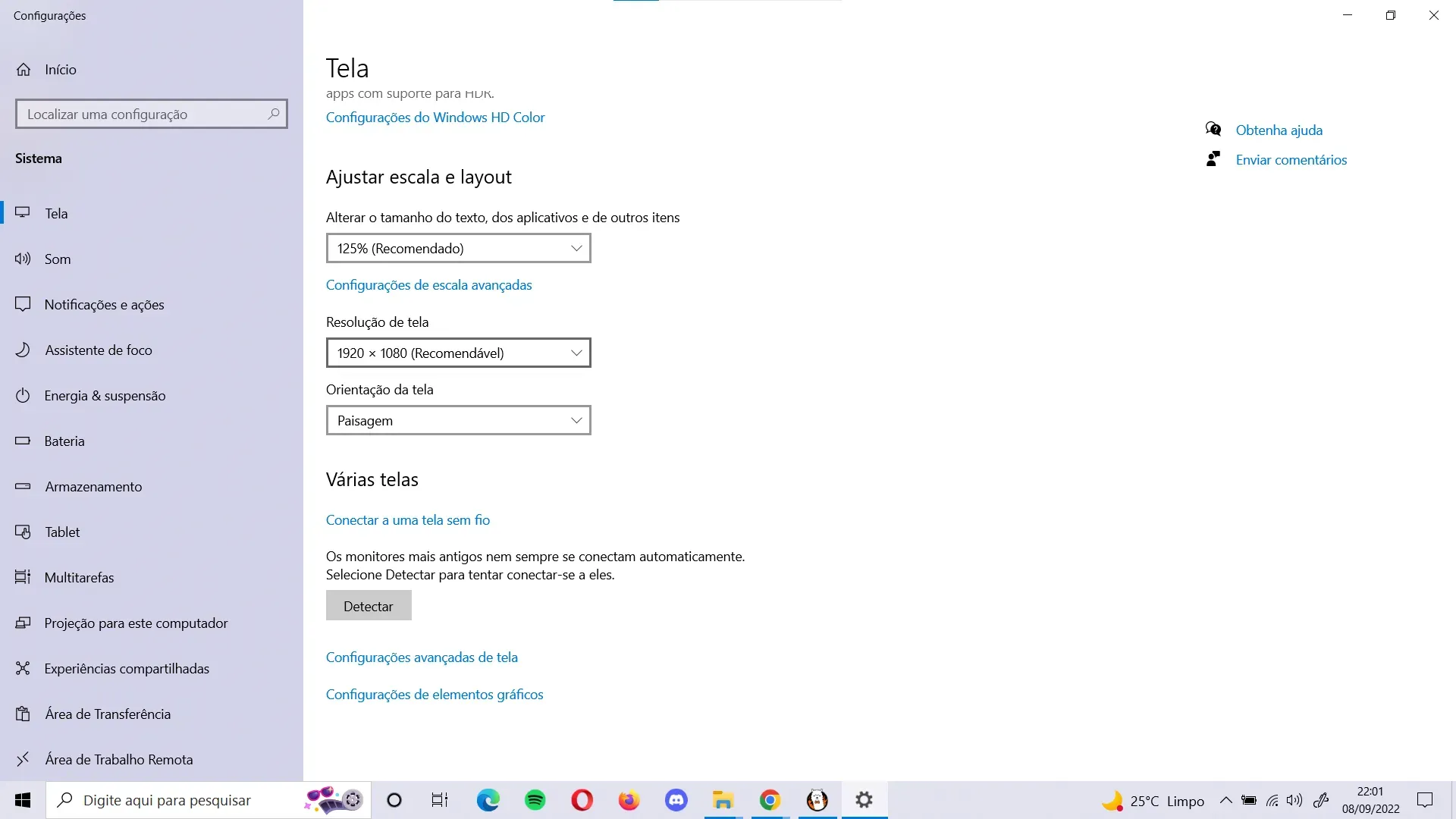 Print mostrando a segunda etapa de como ajustar a tela do PC utilizando a opção Resolução de tela.