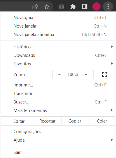 Print exibe as opções acessíveis a partir dos três pontos no canto superior de uma página no Google Chrome, incluindo a funcionalidade de Zoom.