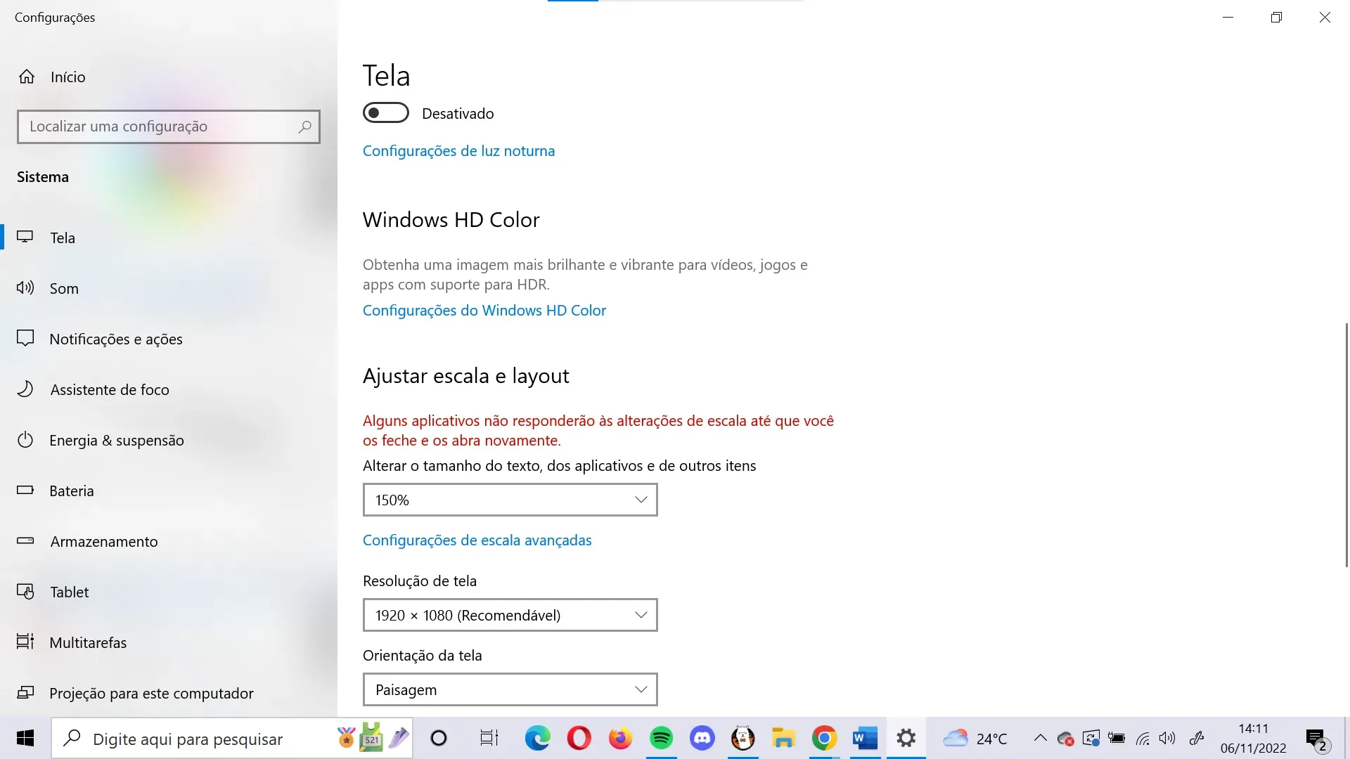 Print exibe a tela do PC após ter sua escala aumentada.