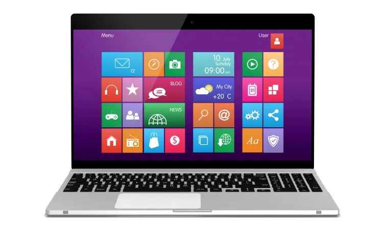 Imagem de um notebook com o sistema operacional Windows instalado, visto de frente.