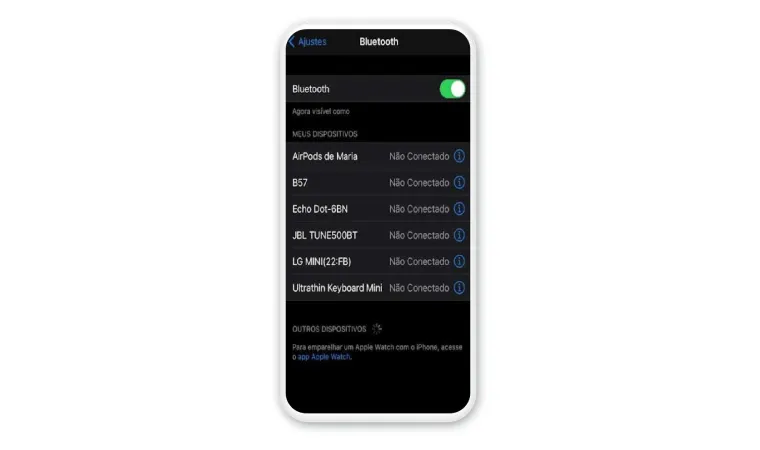 Print de tela do iPhone na aba Bluetooth