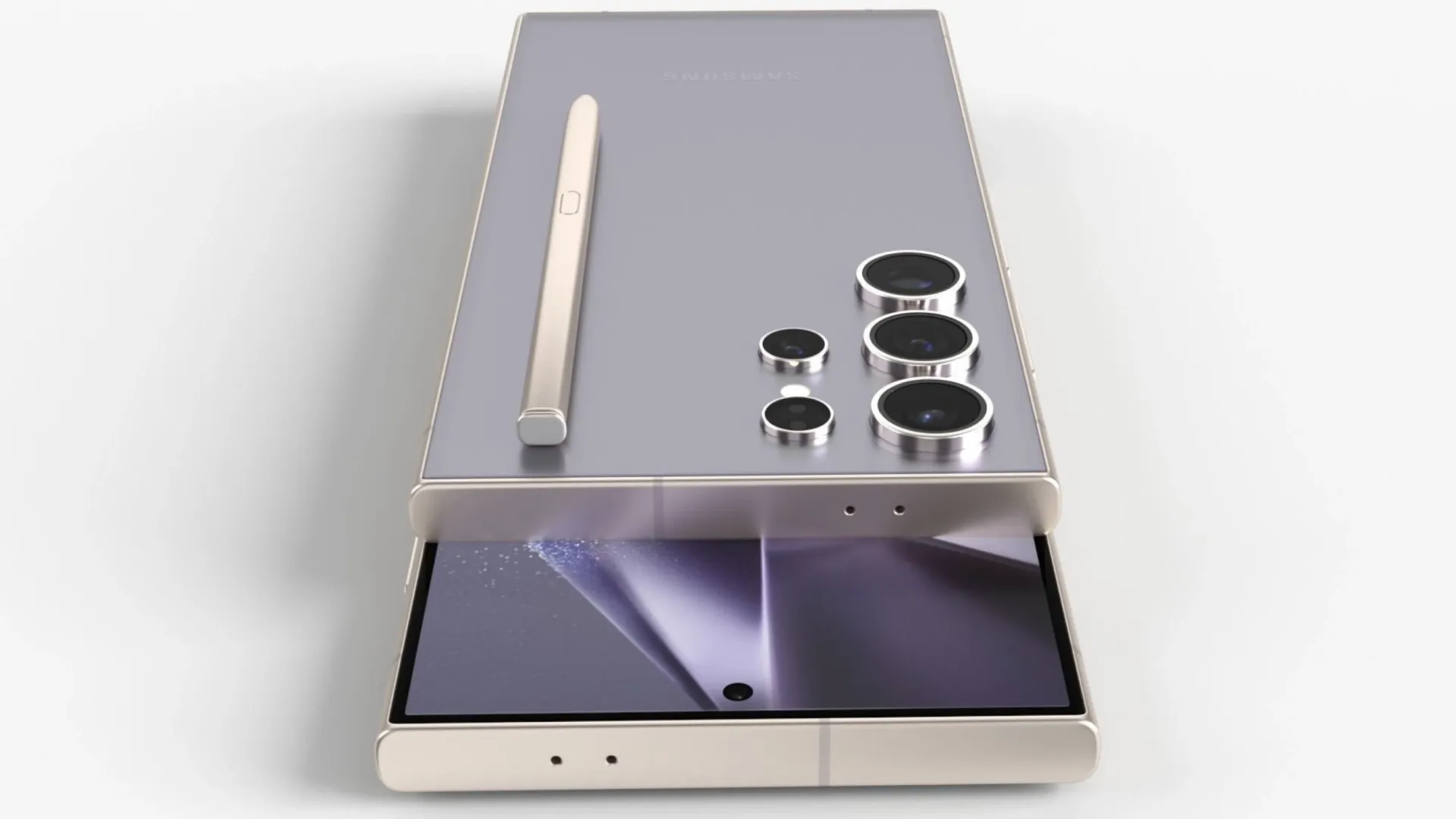 Traseira e tela do Galaxy S24 Ultra ao lado da S Pen