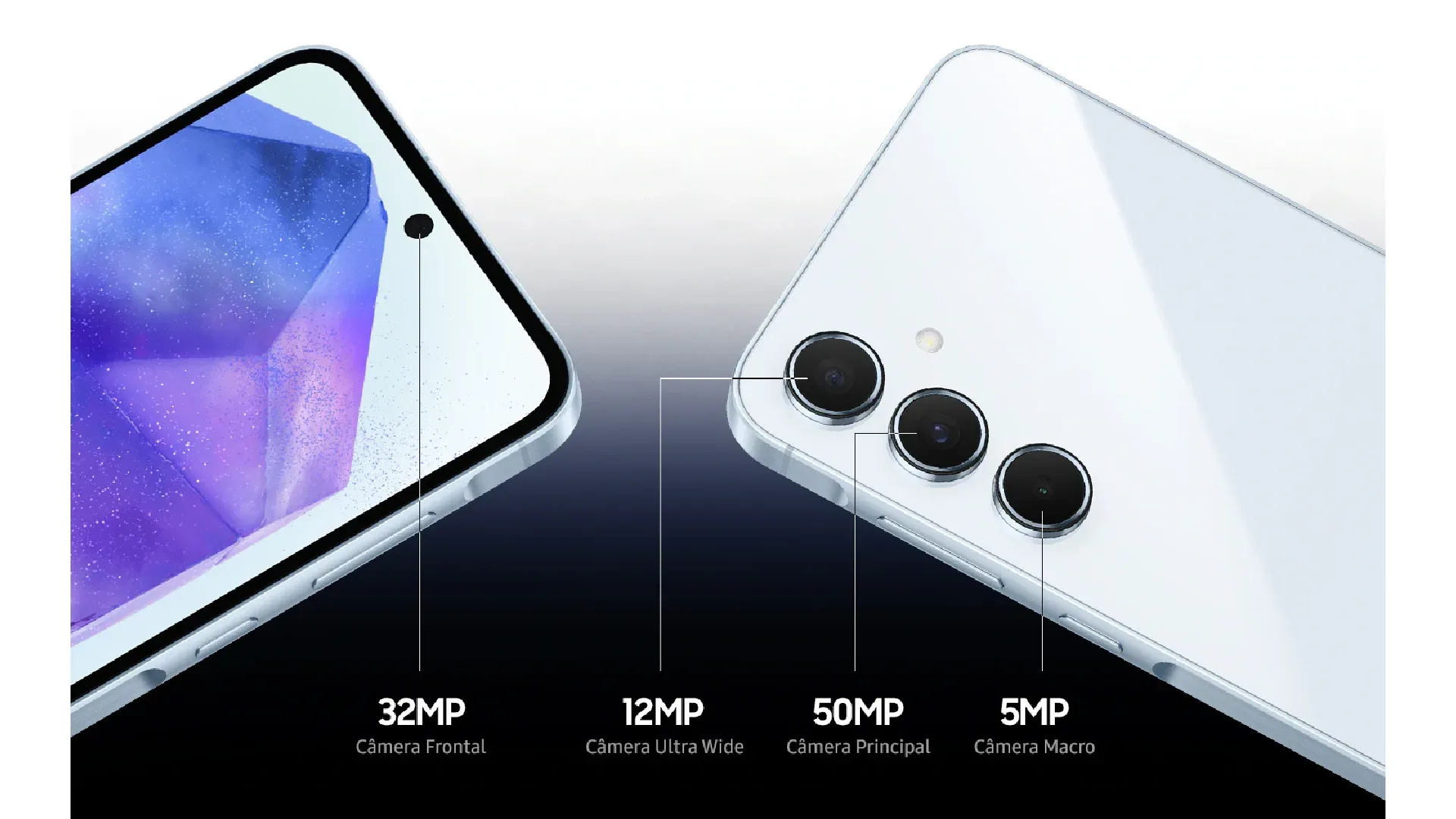 Traseira ao lado da tela do Galaxy A55 mostrando as câmeras