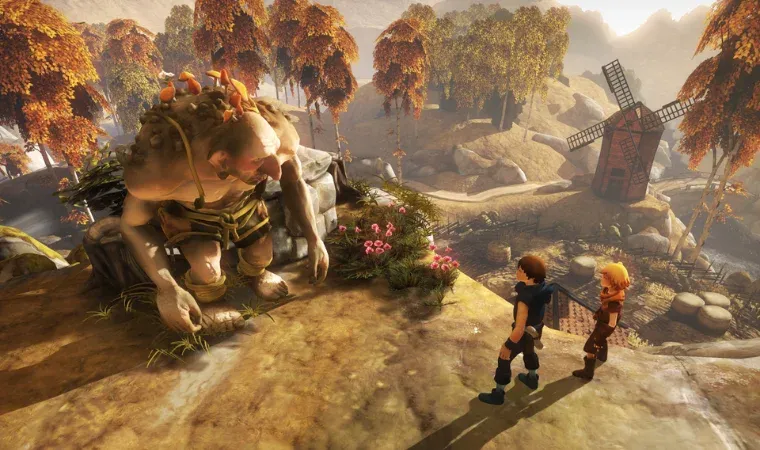 Dois garotos interagem com um gigante com uma floresta ao fundo.