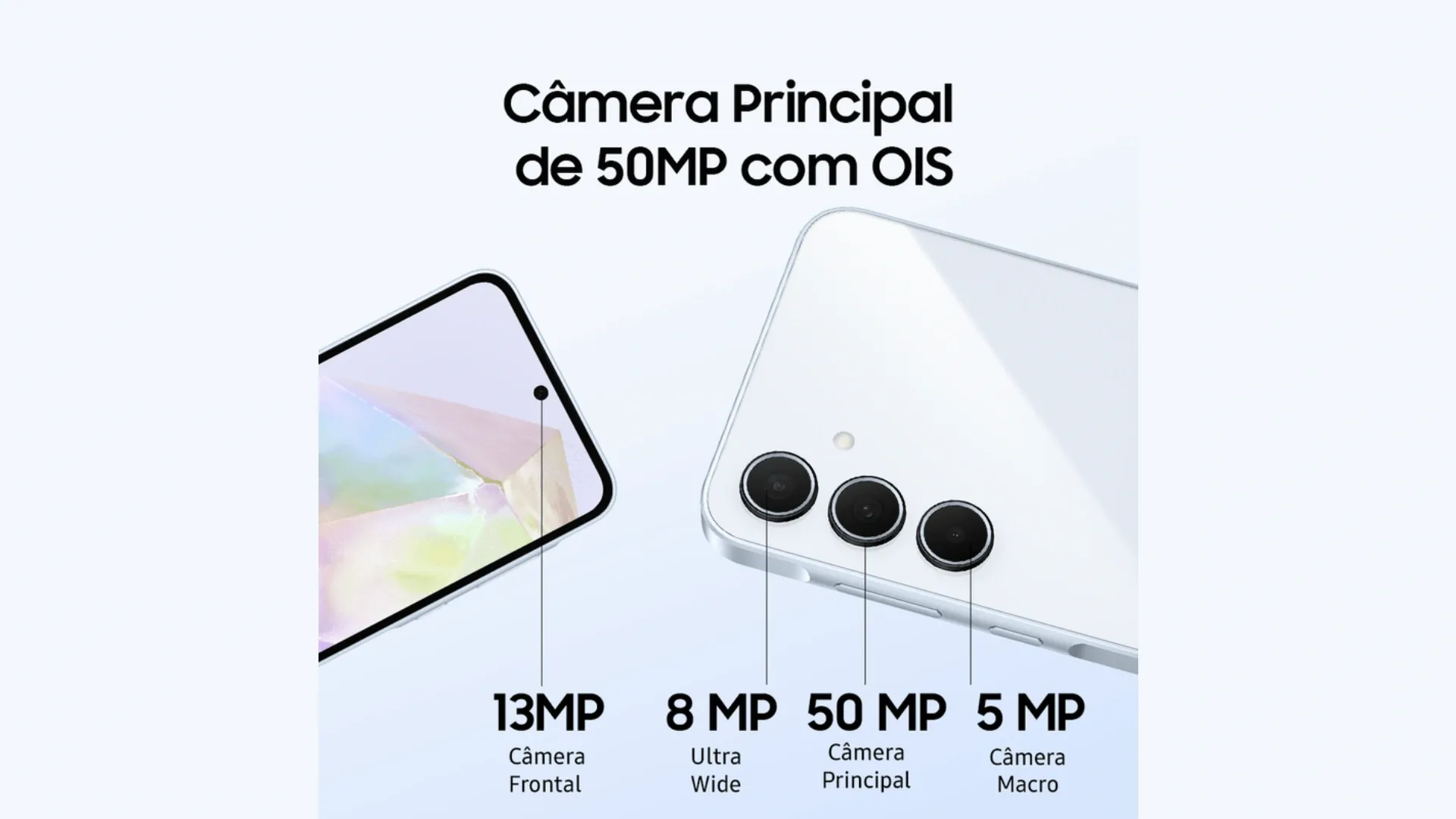 Tela e traseira do Galaxy A35 com foco em suas câmeras em fundo cinza