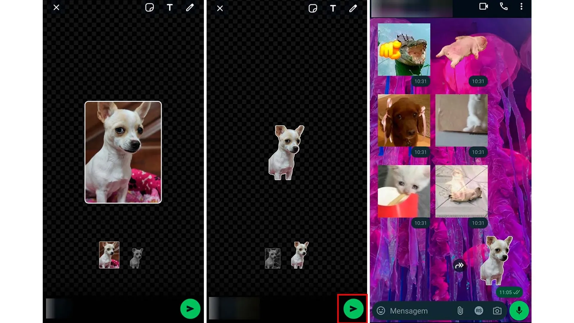 Prints de tela mostrando os próximos passos de como fazer figurinhas no iPhone
