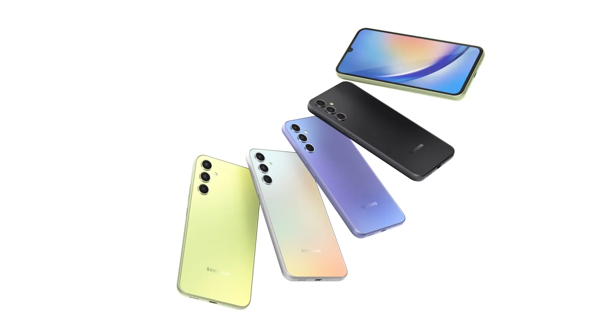 Modelos de cores diferentes do Galaxy A34 ao lado de sua tela
