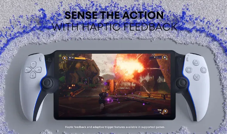 Imagem do PlayStation Portal com o jogo Ratchet & Clank: Em Uma Outra Dimensão emitindo uma onda de choque sobre uma superfície quando uma explosão ocorre na tela para exemplificar a função de feedback tátil