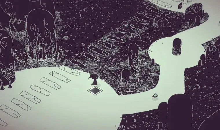 Um personagem fantasma andando por um caminho num cenário totalmente em preto e branco.