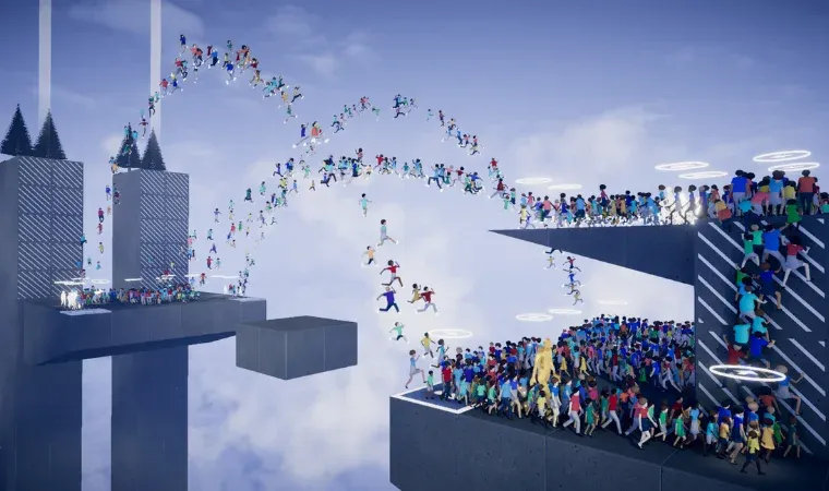 Muitas pessoas juntas pulando de um canto para outro em plataformas.