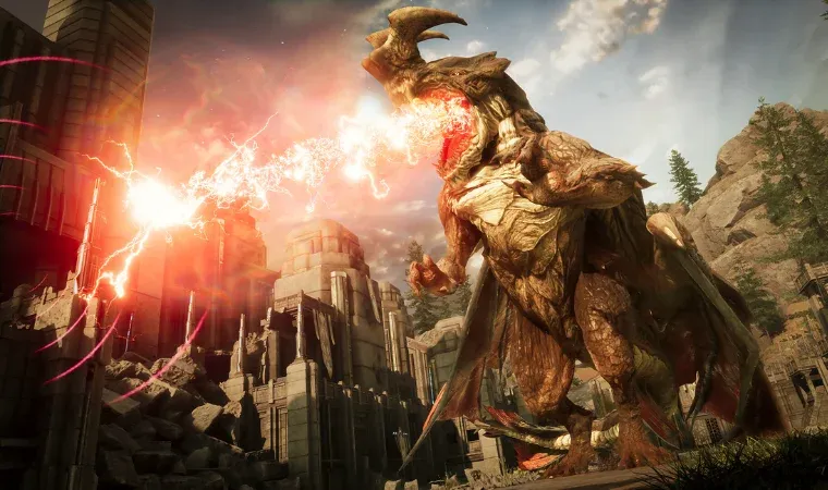 Uma criatura gigante solta raios pela boca.