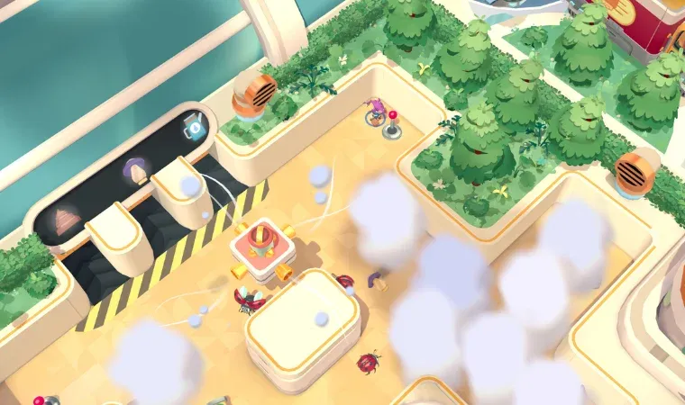 Um ambiente com canos soltando fumaça e alguns insetos.