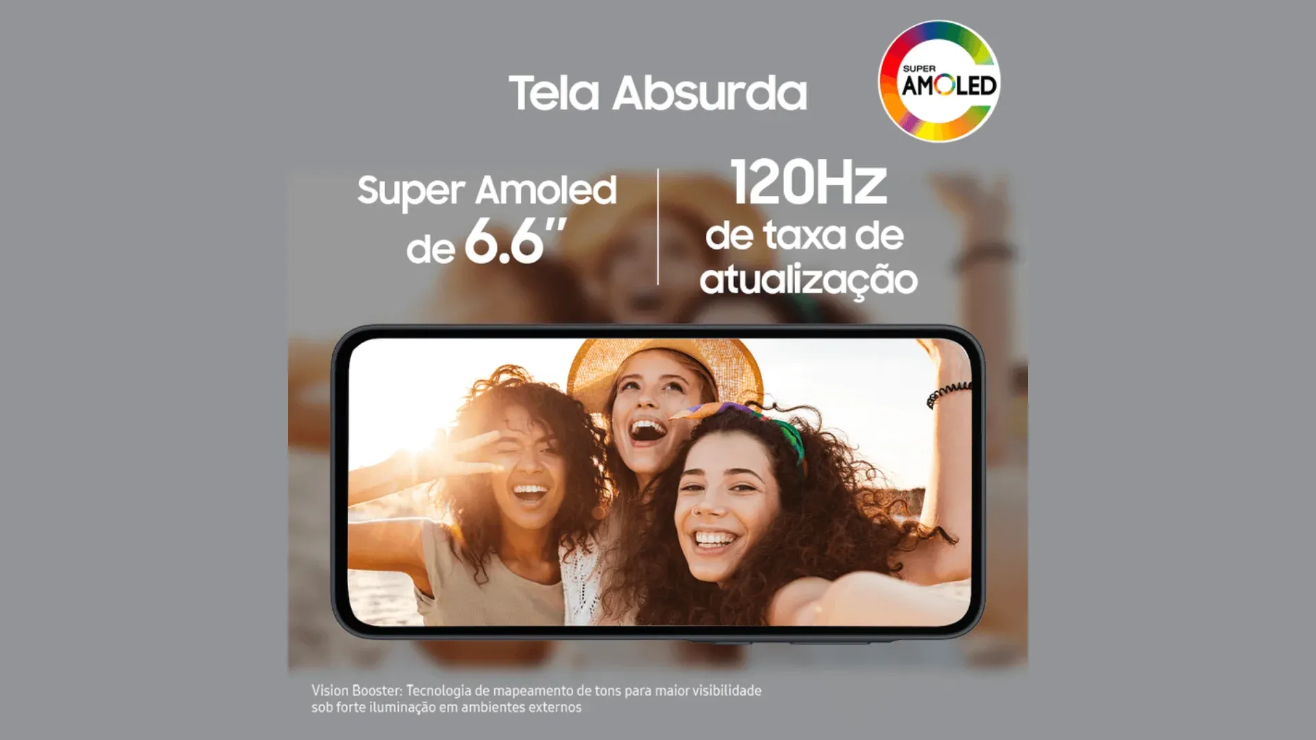 Tela do Galaxy A35 mostrando imagem de mulheres com informações da tela ao lado