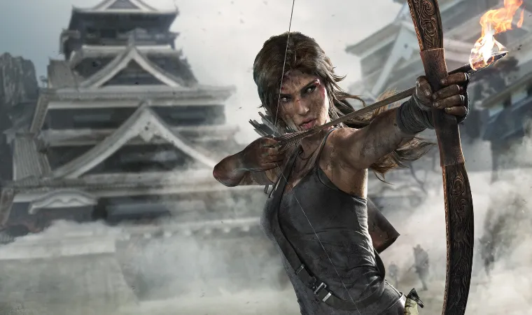 A personagem Lara Croft empunhando um arco e flecha.