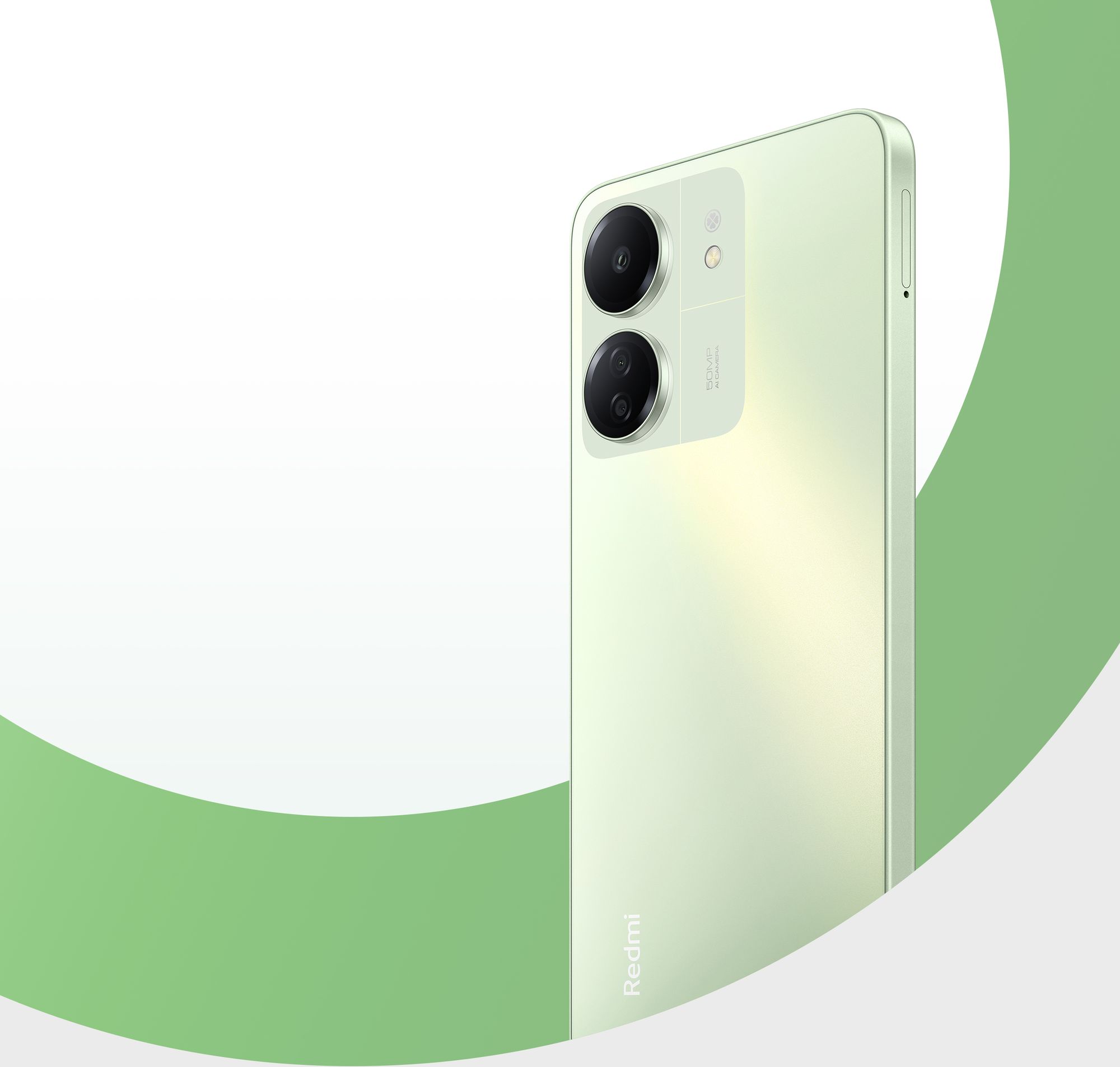 Imagem ilustrativa do modelo Redmi 13C na cor verde exibindo as câmeras traseiras