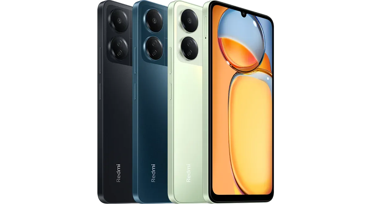 As 3 cores disponíveis do Redmi 13C, na ordem preto, azul e verde, expostas na parte traseira e mais um modelo verde exposto na parte frontal.