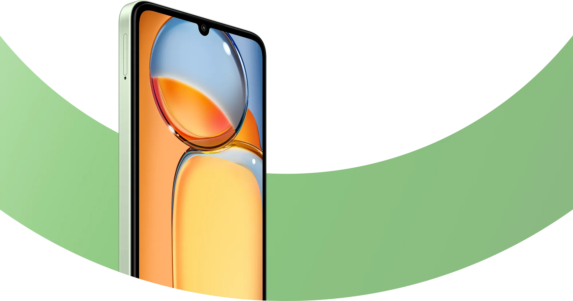 imagem ilustrativa exibindo a tela de um Redmi 13C verde com um fundo animado em verde e branco