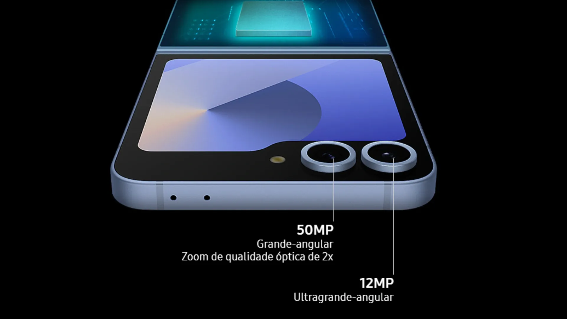 Celular roxo em fundo preto com escritos '50 mp' e '12 mp' fazendo referência à câmera do aparelho