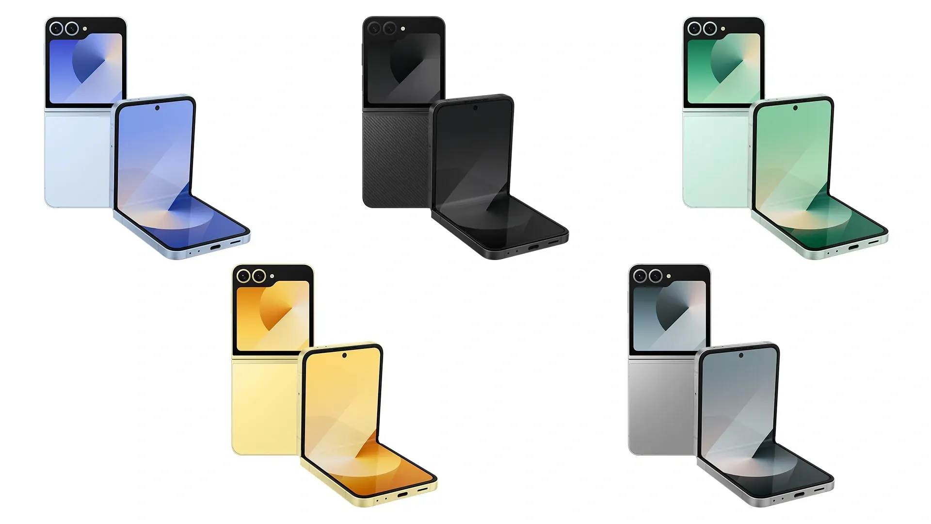 Aparelhos dobráveis em diferentes cores dispostos em fundo branco