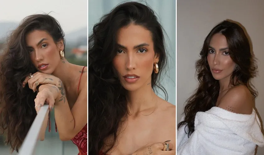 Três fotos de uma mesma mulher de cabelos castanhos ondulados e pele clara