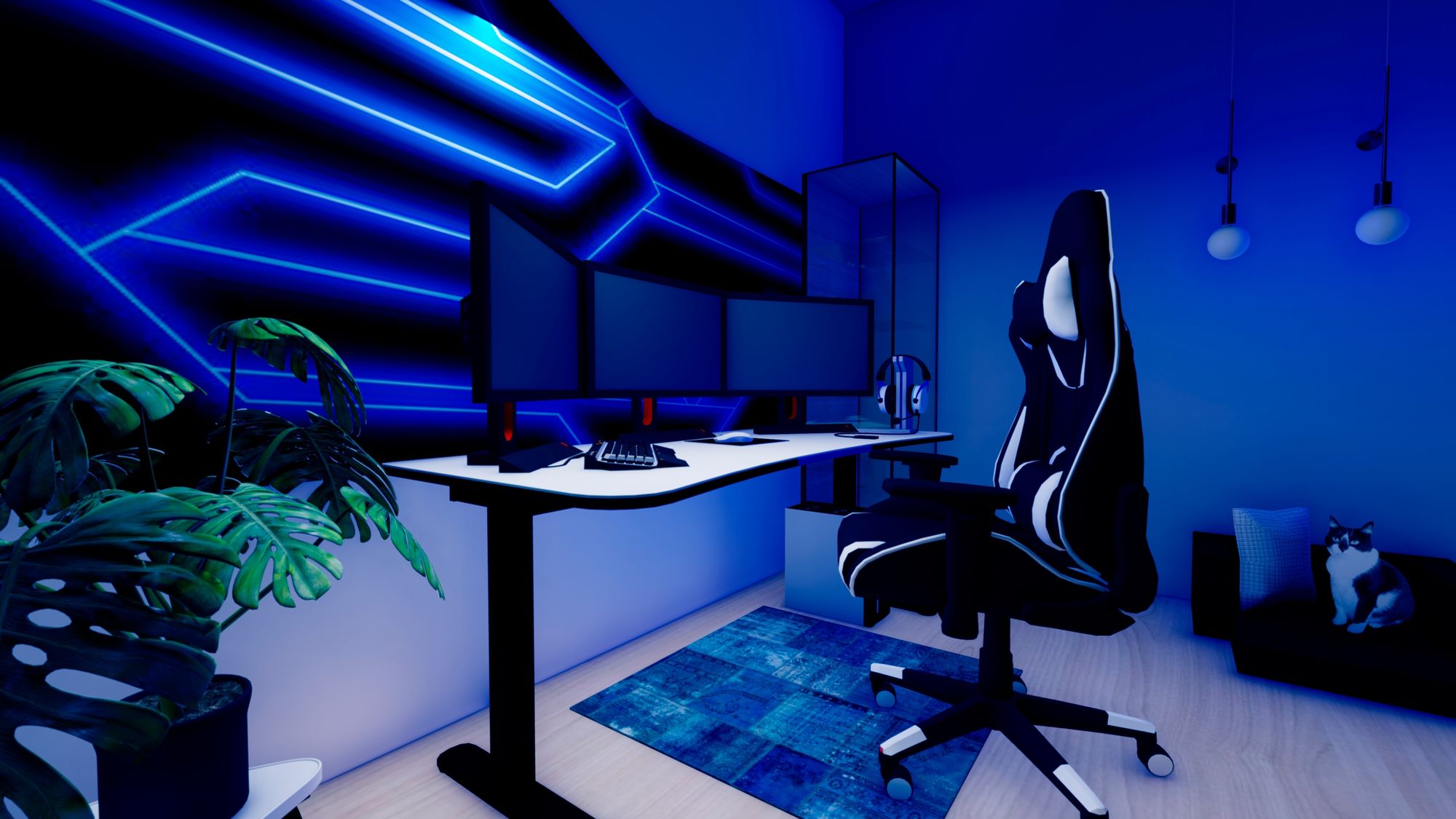 Cadeira gamer em frente a mesa com várias telas em um ambiente azulado