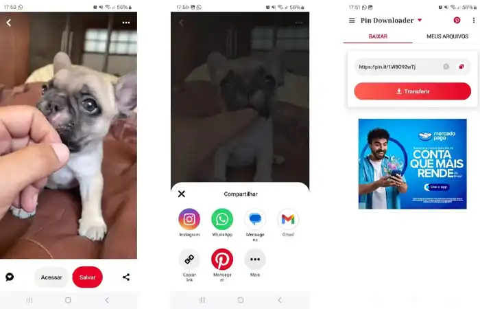 Prints de tela mostrando como baixar vídeo do Pinterest com aplicativo
