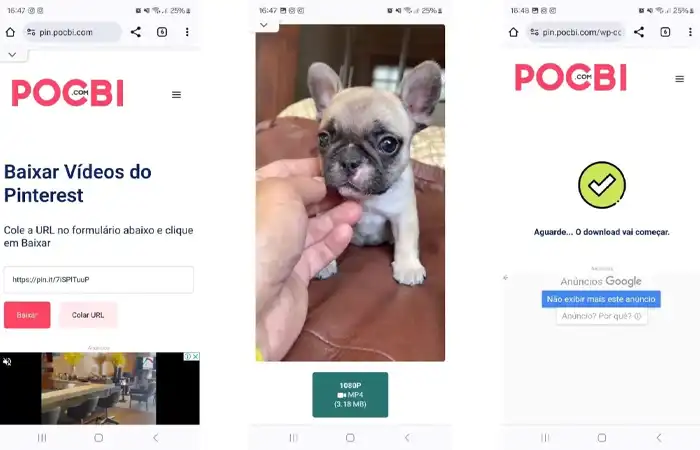 Prints de tela mostrando como baixar vídeo do Pinterest via site