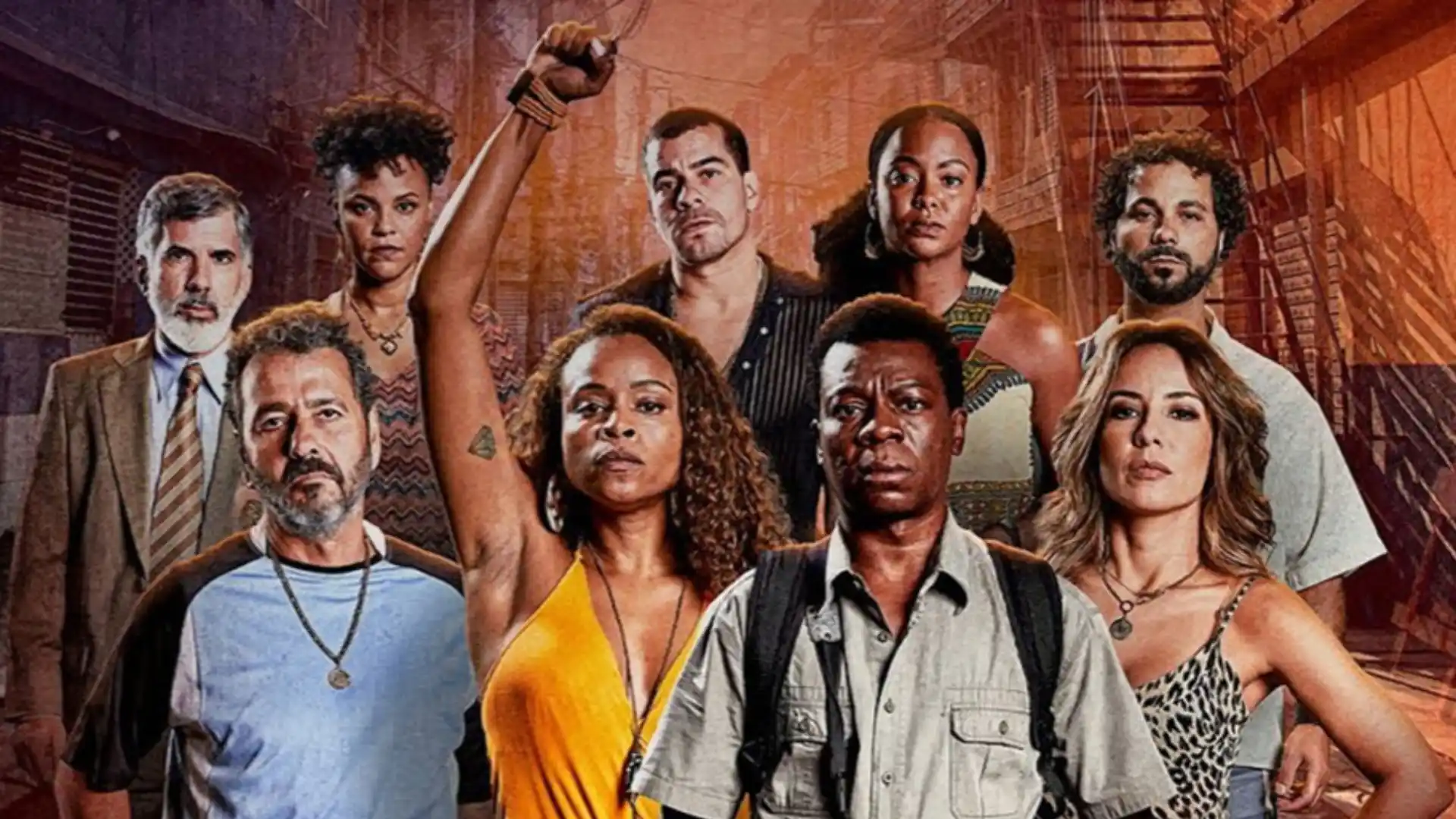 Imagem de várias pessoas diferentes olhando para frente em um cenário de favela