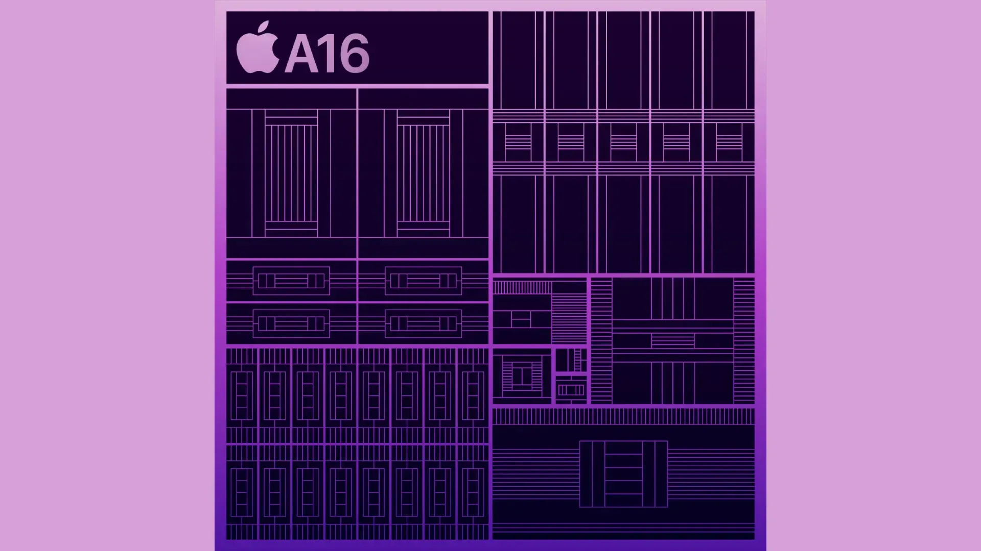 Chip Apple A16 com design de circuito detalhado em um fundo roxo estilizado.