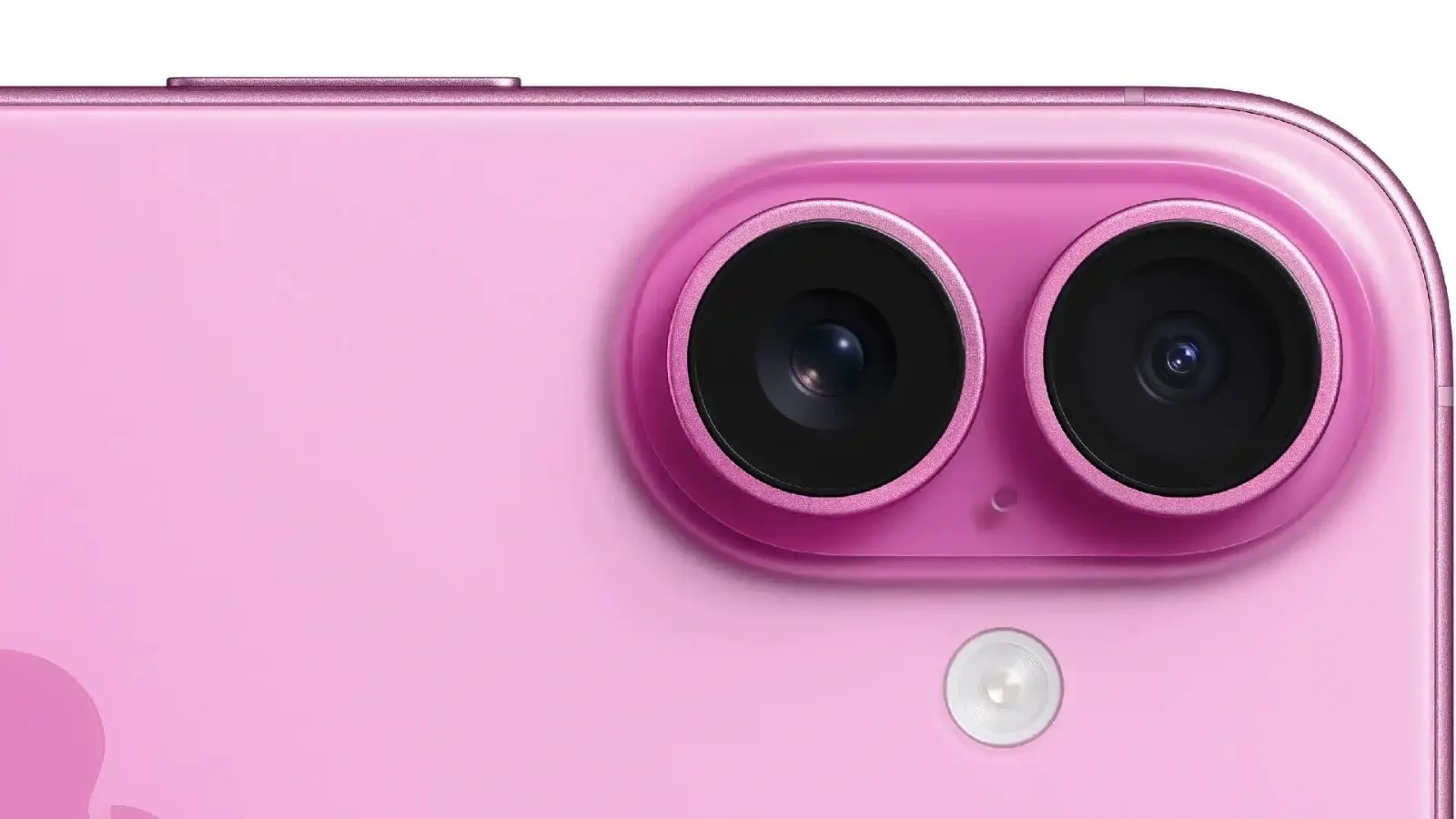 Traseira do iPhone 16 Plus rosa com foco em conjunto de câmeras