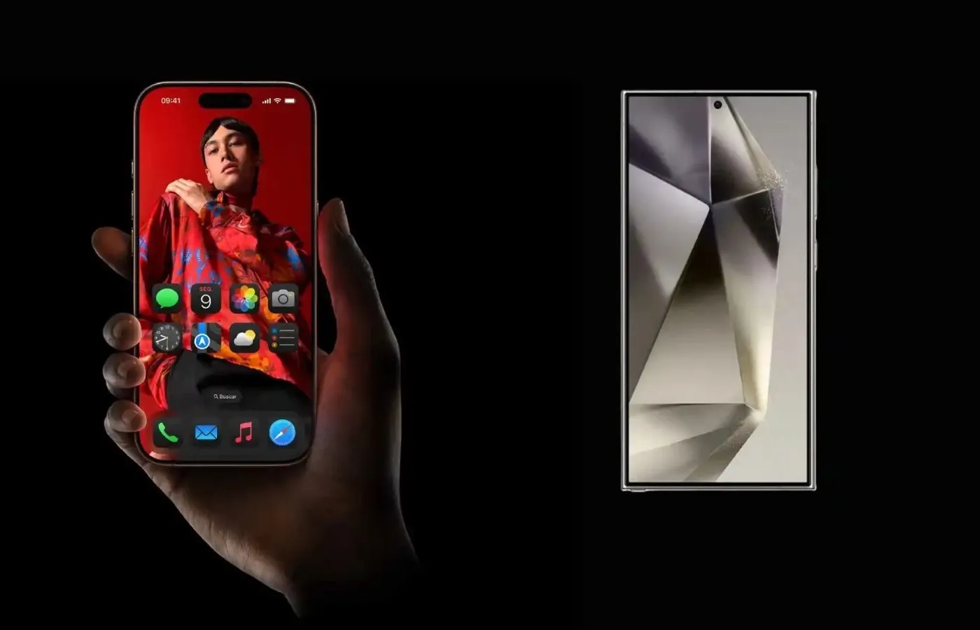 Tela do iPhone 16 Pro Max na mão de uma pessoa ao lado da tela do Galaxy S24 Ultra em fundo preto