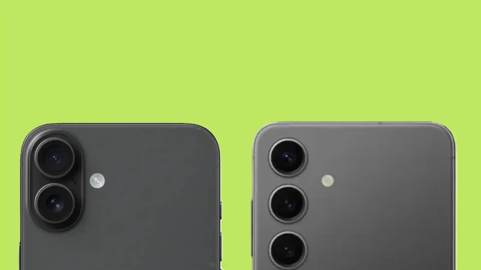 Traseira do iPhone 16 Plus ao lado da traseira do Galaxy S24 Plus em fundo verde